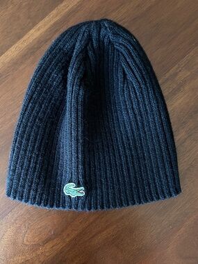 Lacoste Men's Ribbed Knit Wool Beanie - Classic Black